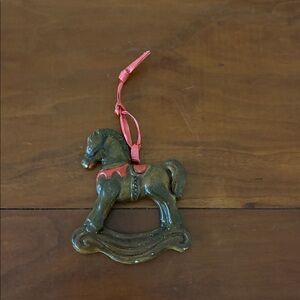 Vintage Rocking Horse Ornament Green Iridescent Glitter Resin w/ Ribbon